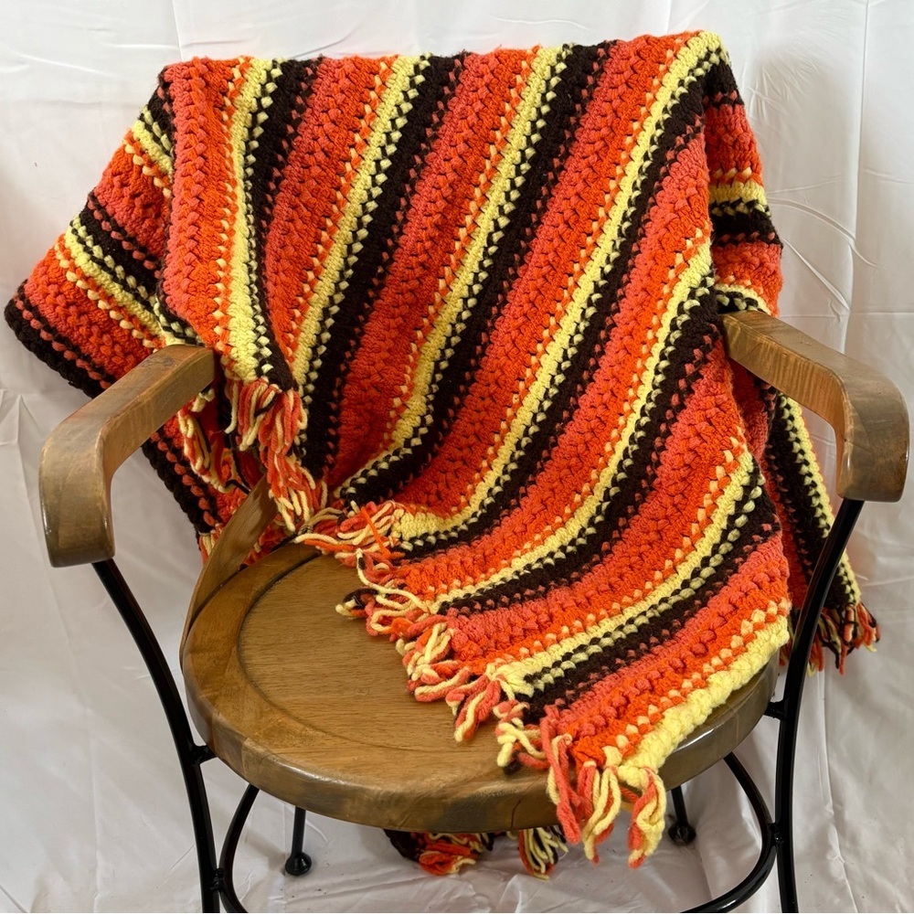 Vintage 70s crochet knit throw blanket handmade orange brown yellow indie